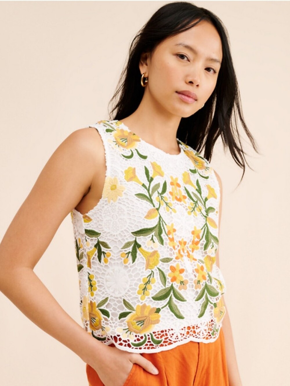 Anthropologie Dolan White Floral Lace Sleeveless Top with Yellow Embroidery